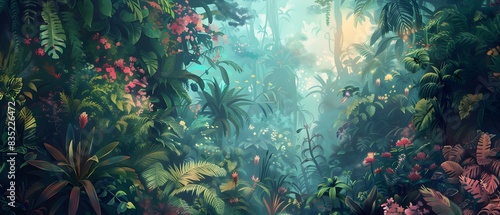 Illustrate a dreamy, lowbrow pop surrealism rendition of a lush, alien jungle seen from a worms-eye view, featuring psychedelic flora and fauna