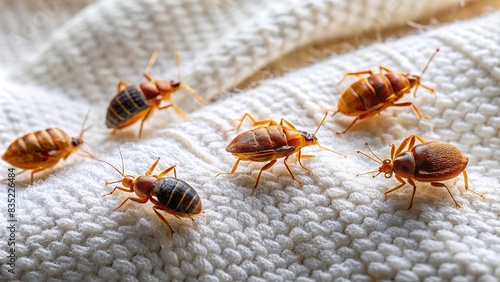 Bed bugs crawling on a white cloth , infestation, parasites, insects, pest control, macro photography, close-up, creepy, household pests, bed bug bites, white fabric, infested mattress photo