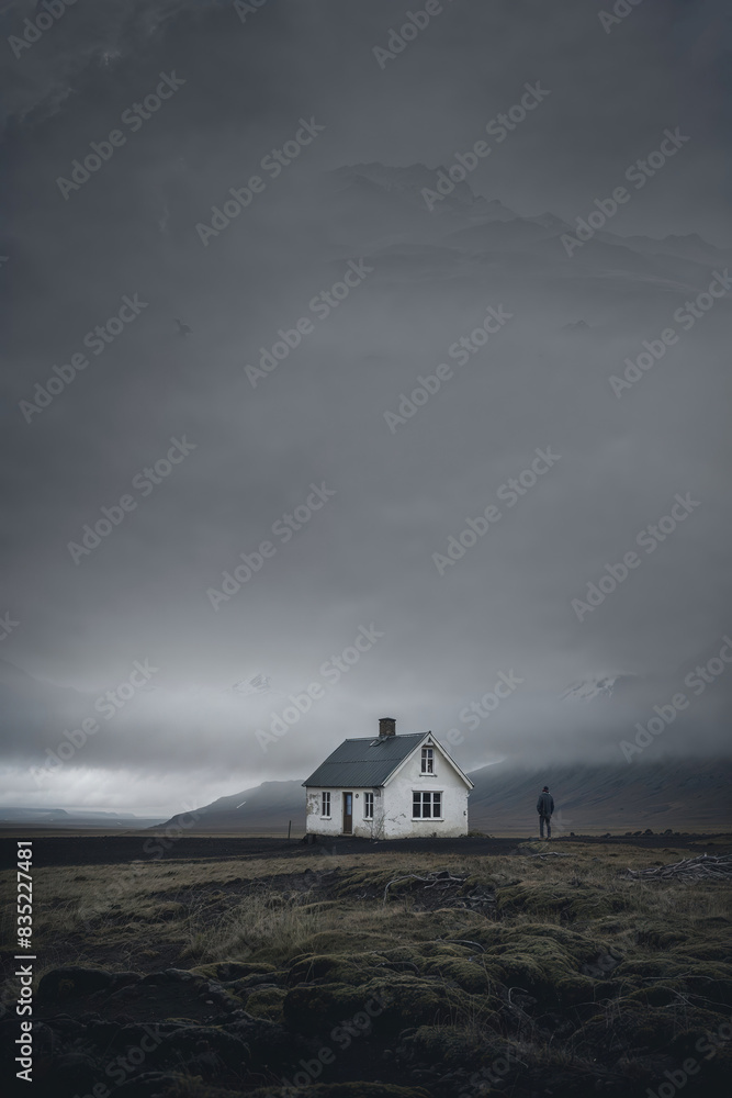 Anonymous silhouette of a person by an isolated cabin in Iceland. Generative AI image Anonymous silhouette of a person by an isolated cabin in Iceland. Generative AI image
