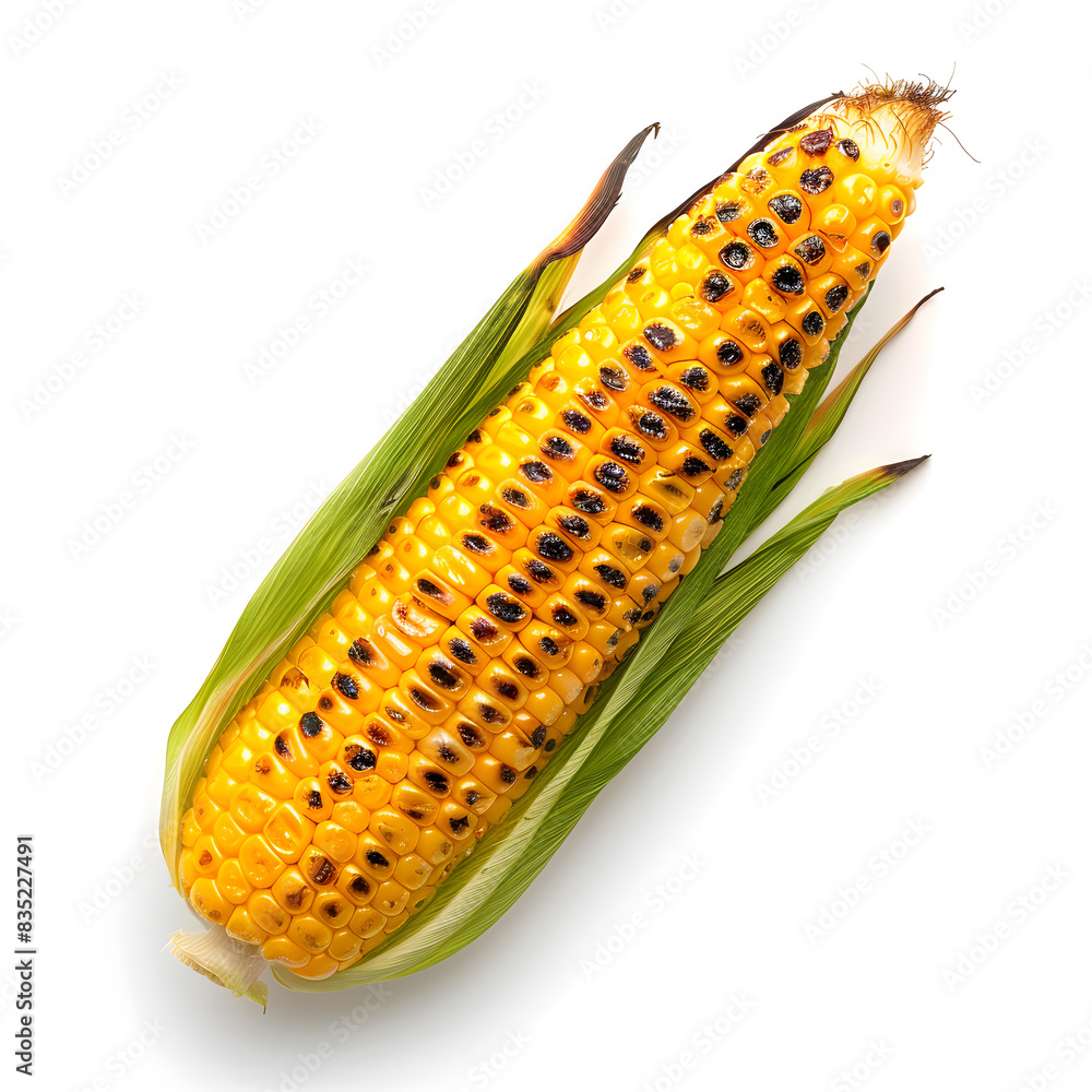 Fototapeta premium Grilled sweet corn top view isolated on white background