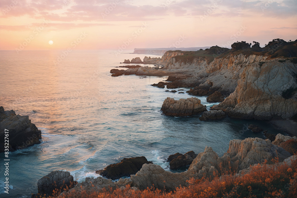 Coastal sunset at a tranquil vacation spot. Generative AI image Coastal sunset at a tranquil vacation spot. Generative AI image