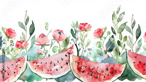 Watermelon, Watercolor Floral Border, watercolor illustration, isolated on white background
