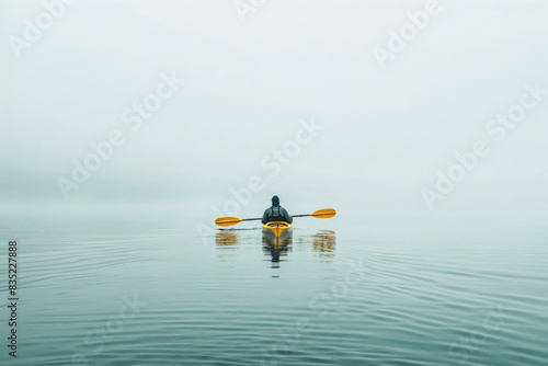 Anonymous kayaker on misty lake. Generative AI image