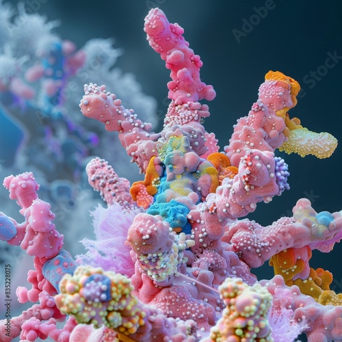 AAV virus similar to Covid-19 as seen through an electron microscope at 1 000X  colorful and organic shapes that are similar to Coral