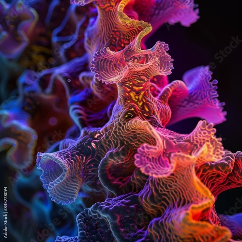 AAV virus similar to Covid-19 as seen through an electron microscope at 1,000X, colorful and organic shapes that are similar to Coral