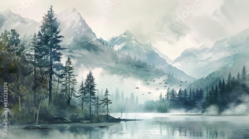 Dreamy watercolor forest landscape with misty mountains, tall trees, and serene lakes, ideal for wall tapestries photo