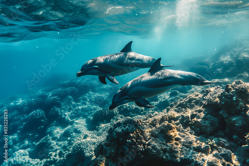 Two dolphins swimming near coral reef under sunlit water. Generative AI image photo