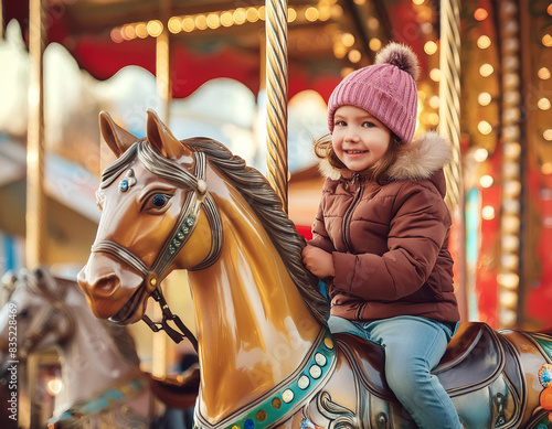 A child’s joyous ride on a vibrant carousel, captured in motion © homydesign