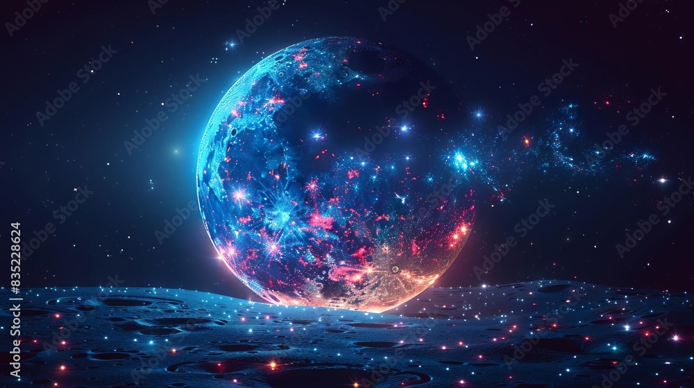 Obraz premium A mesmerizing digital artwork of a vibrant, colorful planet in a starry galaxy, showcasing the wonders of outer space and cosmic beauty.