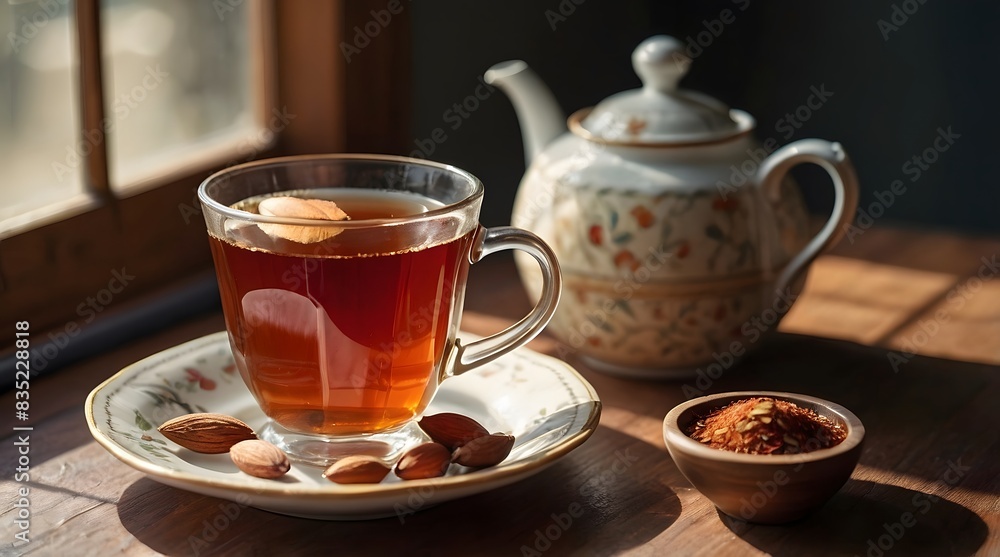 Fototapeta premium rooibos and a cup of tea, aesthetically pleasing, natural light, cherry and almonds in the background