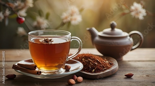 rooibos and a cup of tea, aesthetically pleasing, natural light, cherry and almonds in the background