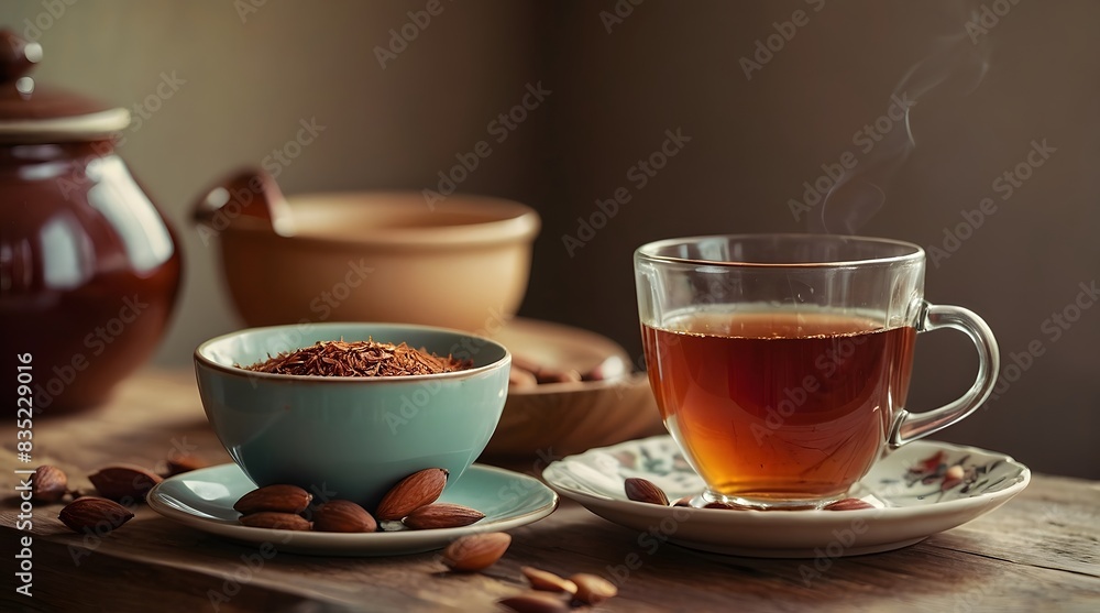 rooibos and a cup of tea, aesthetically pleasing, natural light, cherry and almonds in the background rooibos and a cup of tea, aesthetically pleasing, natural light, cherry and almonds in the background
