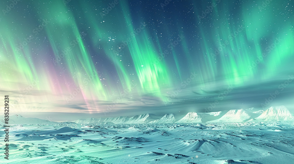 Naklejka premium A mesmerizing view of the northern lights over a snow-covered landscape, with vivid greens and purples in the sky.
