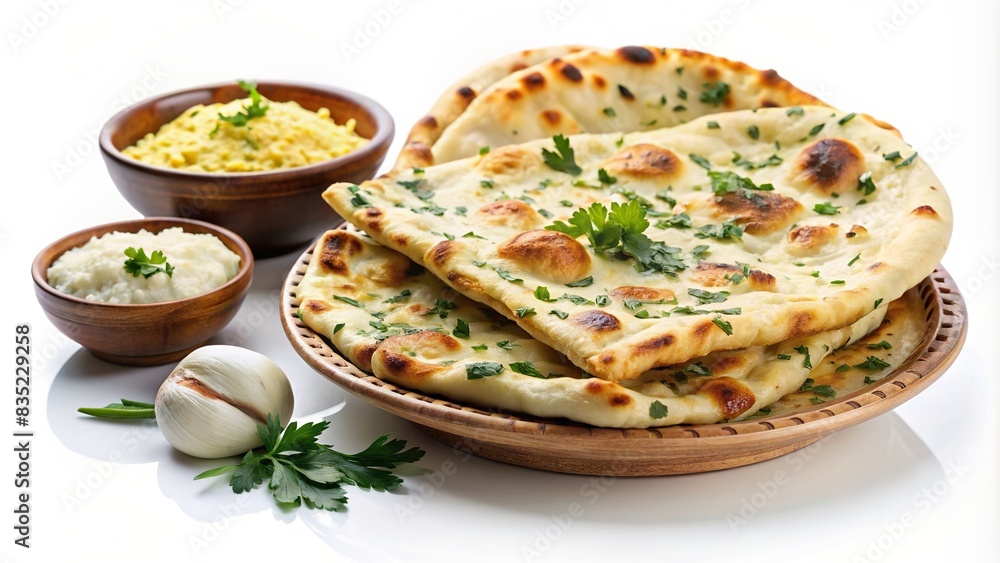 Indian naan bread with garlic and butter and Pita bread on white