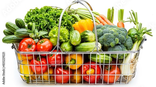 Shopping basket filled with fresh vegetables isolated on white background