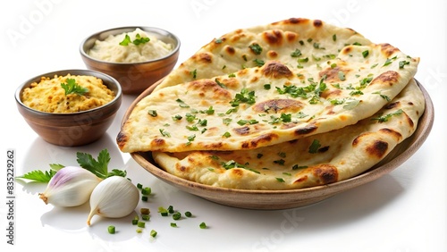 Indian naan bread with garlic and butter and Pita bread on white background, Indian, naan bread, garlic, butter, Pita bread, white background, food, cuisine, traditional, fresh, bakery photo