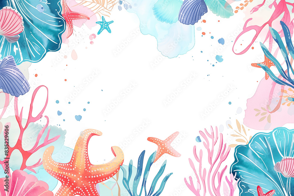Fototapeta premium Colorful seashell frame with copy space and various sea elements in watercolor style