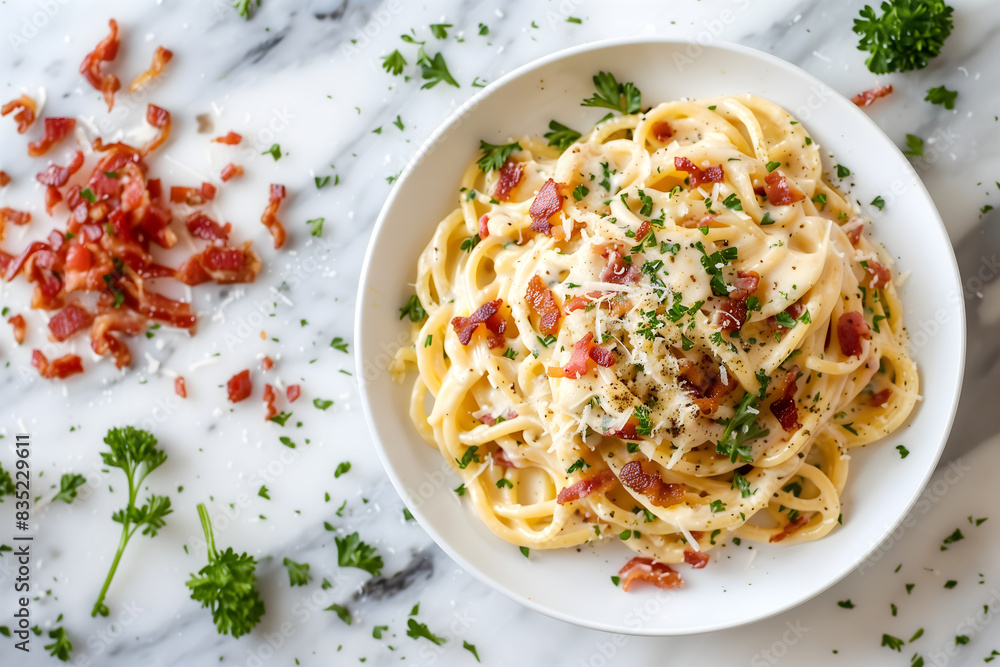 Creative food Concept. Creamy Spaghetti carbonara Pasta with bacon, sprinkled parmesan cheese herb on marble table top with ingredients, overhead top view, copy text space Creative food Concept. Creamy Spaghetti carbonara Pasta with bacon, sprinkled parmesan cheese herb on marble table top with ingredients, overhead top view, copy text space