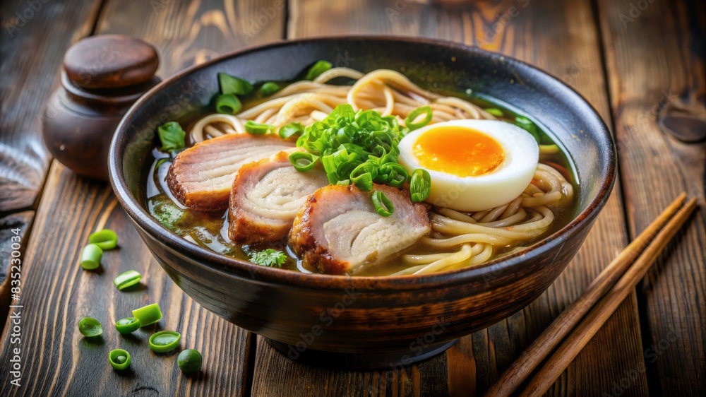 Japanese ramen soup with chicken, egg, chives and sprout on dark wooden background. Japanese ramen soup with chicken, egg, chives and sprout on dark wooden background.