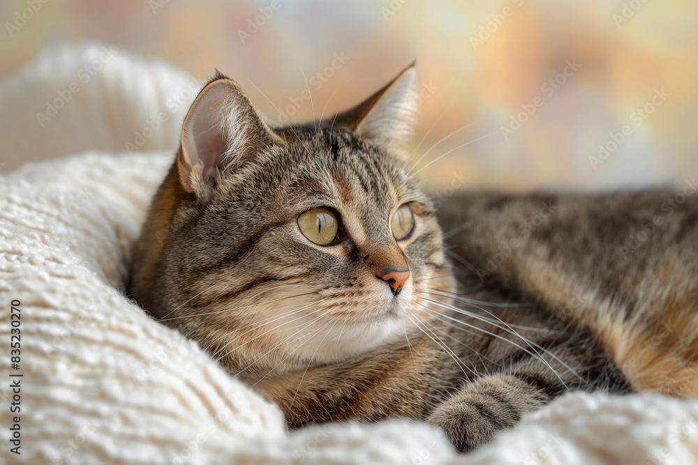 Studio photo of a cute tabby cat isolated against a background of pastel shades, creating a soft and appealing visual. Studio photo of a cute tabby cat isolated against a background of pastel shades, creating a soft and appealing visual.