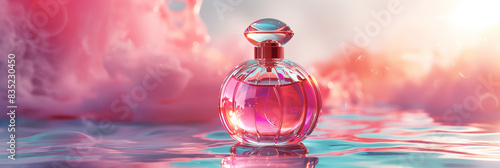 Pink perfume bottle against reflective surface with pink smoke banner. Panoramic web header. Wide screen wallpaper