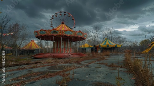 Deserted carnival with rusted rides and tattered tents under a stormy sky photo