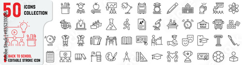 Back to School editable stroke icon also includes teaching, online education, graduate, studying, learning, uniform. Education thin outline icons