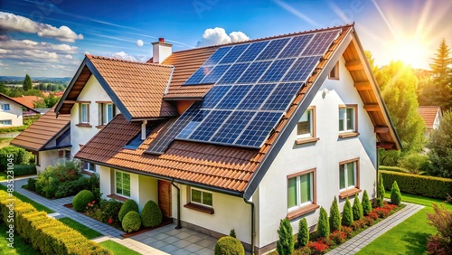 Solar panels installed on residential house roof producing clean energy, solar energy, renewable, sustainable, green technology, eco-friendly, electricity, rooftop, environment