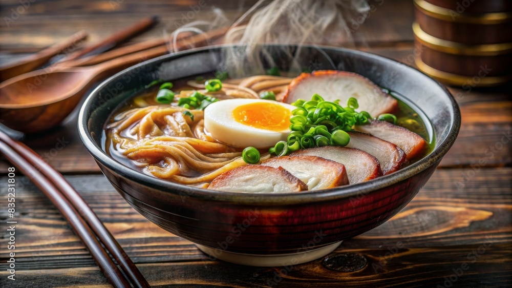 Japanese ramen soup with chicken, egg, chives and sprout on dark wooden background. Japanese ramen soup with chicken, egg, chives and sprout on dark wooden background.