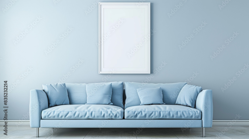 A minimalist living room with a baby blue sofa and a blank white frame on the wall, presenting a serene ambiance. A minimalist living room with a baby blue sofa and a blank white frame on the wall, presenting a serene ambiance.