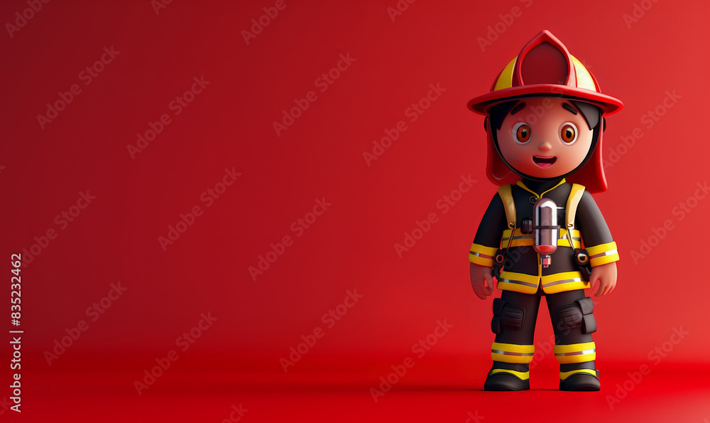3D cartoon firefighter character in full gear with a hose, isolated on a red background with space for copy 3D cartoon firefighter character in full gear with a hose, isolated on a red background with space for copy