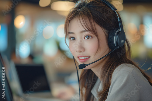 Engaging East Asian Customer Support Specialist in Casual Office Attire Providing Assistance photo