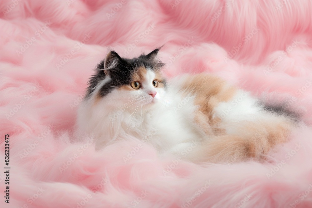 Studio photo of a cute calico cat isolated against a background of pastel shades, creating a soft and appealing visual. Studio photo of a cute calico cat isolated against a background of pastel shades, creating a soft and appealing visual.