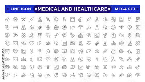 Medical and Healthcare web icons in Outline style. Medicine, check up, doctor, dentistry, pharmacy, lab, scientific discovery, collection.