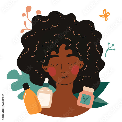 Young woman using cosmetic products for facial skin care. Vector