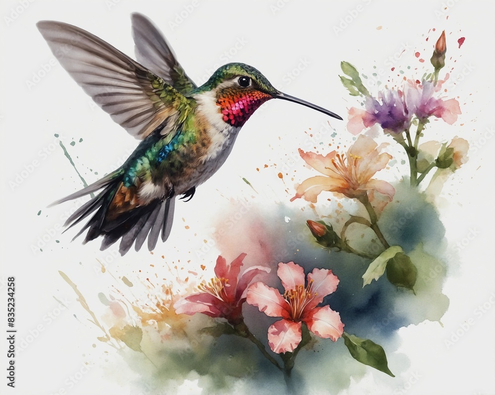 Fototapeta premium watercolour painting of flowers and a hummingbird, generative AI