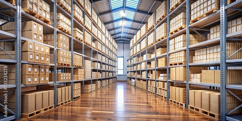 Warehouse interior filled with shelves and boxes of publications, including legal documents, with parquet flooring and wood shelving , warehouse, shelves, boxes, publications photo