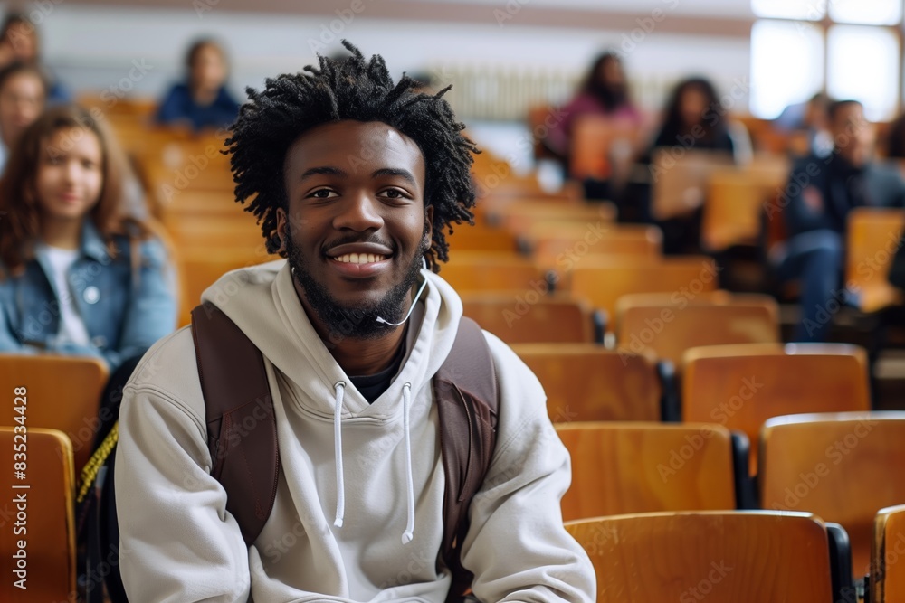 Happy Afro American College Student in Lecture Hall Happy Afro American College Student in Lecture Hall