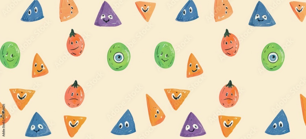 Halloween candy, eyes and mouth on the cover, simple flat cartoon style, colorful candy pattern Halloween candy, eyes and mouth on the cover, simple flat cartoon style, colorful candy pattern