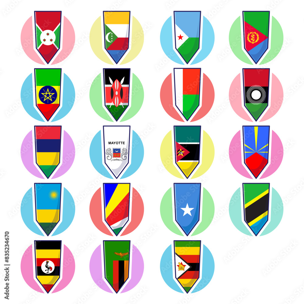 East african countries flags. Flags vector element design, travel symbols, landmark symbols, geography and map flags emblem. East african countries flags. Flags vector element design, travel symbols, landmark symbols, geography and map flags emblem.