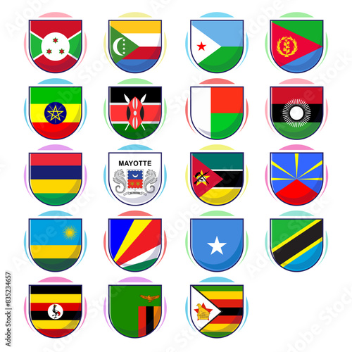East african countries flags. Flat cartoon vector element design, travel symbols, landmark symbols, geography and map flags emblem.