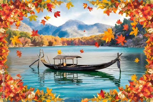 kashmir, dal lake background, water color image with shikara in the lake, florals and maple leaves photo