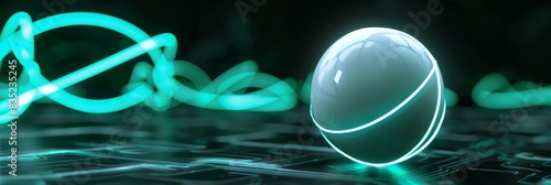 Banner with baseballs, tennis balls, soccer, football or handballs in a glossy futuristic design with glowing neon details for cyber online gaming tournaments photo