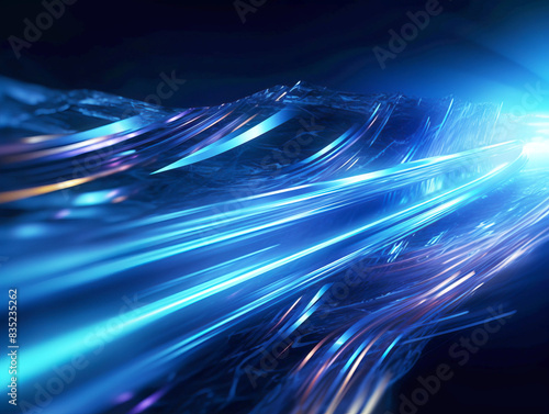 Abstract blue light streaks flowing over a textured surface  with a concept of speed and technology on a dark background. Generative AI