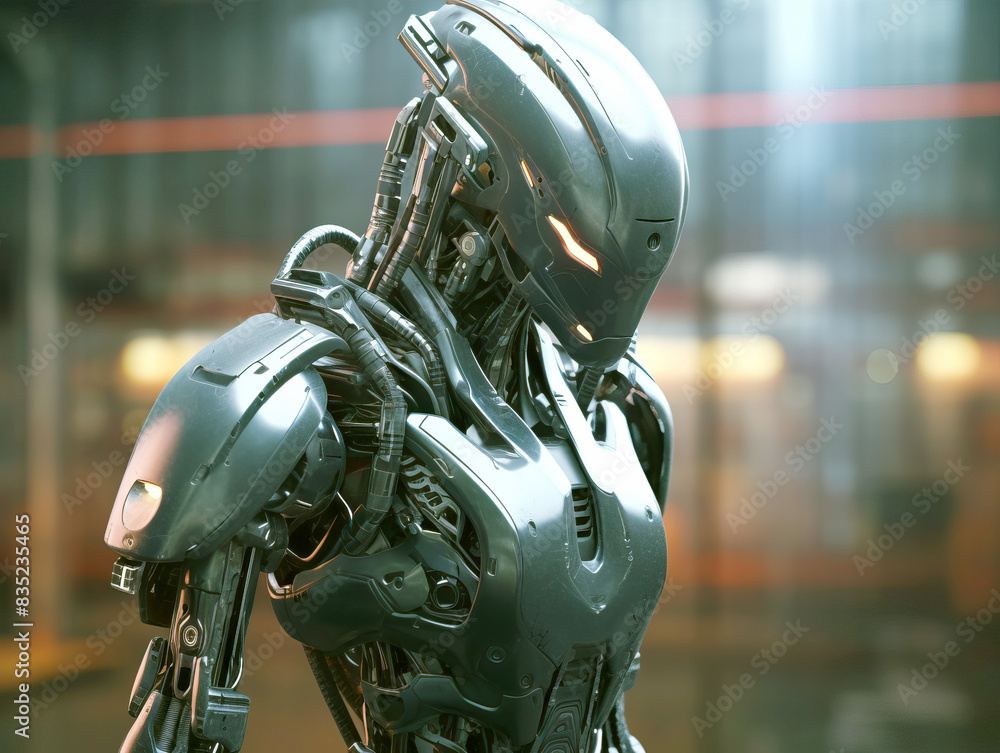 Close-up of a futuristic robot, detailed design, against a blurred industrial background, symbolizing advanced technology. Generative AI Close-up of a futuristic robot, detailed design, against a blurred industrial background, symbolizing advanced technology. Generative AI