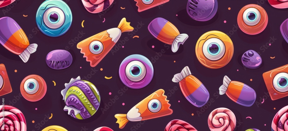 Halloween candy, eyes and mouth on the cover, simple flat cartoon style, colorful candy pattern 