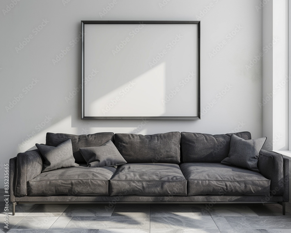 A modern living room with a sleek charcoal sofa and a blank white frame on the wall, showcasing contemporary design. A modern living room with a sleek charcoal sofa and a blank white frame on the wall, showcasing contemporary design.