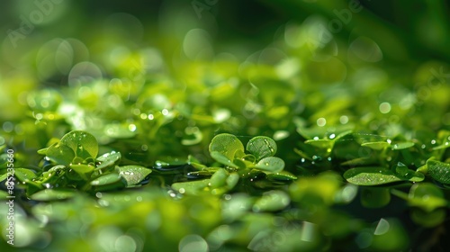 Fresh Green Duckweed Close up on Water