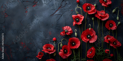 Red poppies on black background, a frame of red flowers with copy space, symbolizing Remembrance day and honoring the memory of war veterans. © Jhon