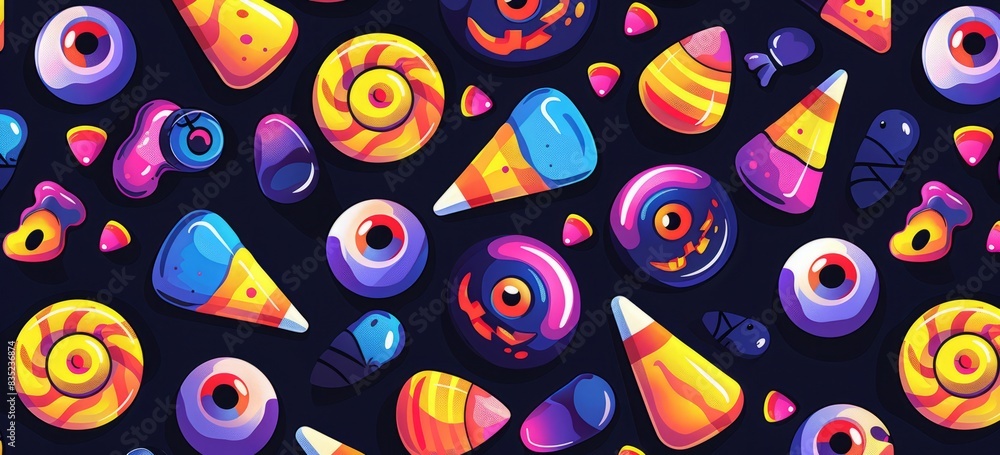 Halloween candy, eyes and mouth on the cover, simple flat cartoon style, colorful candy pattern Halloween candy, eyes and mouth on the cover, simple flat cartoon style, colorful candy pattern